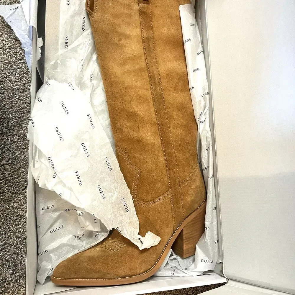 GUESS - Women's Sashan Knee High Boots, Size 10M - Medium Brown Suede 210